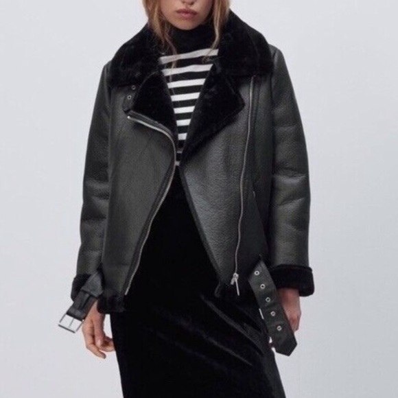 Zara Faux Leather Shearling Buckle Biker Moto Jacket Black Sherpa - Picture 2 of 8